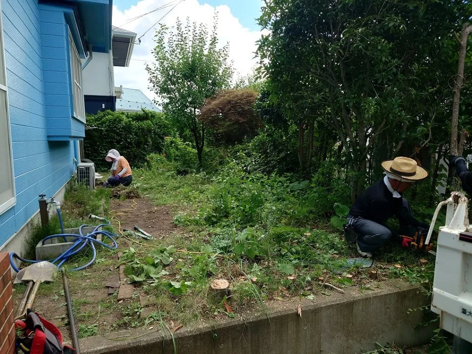時期的な事もあり、根強い雑草が存在感を発揮しております 雑草を抜き、植栽を伐根して行きます。樹木・雑草・土と分別し敷地を整備して行きます。